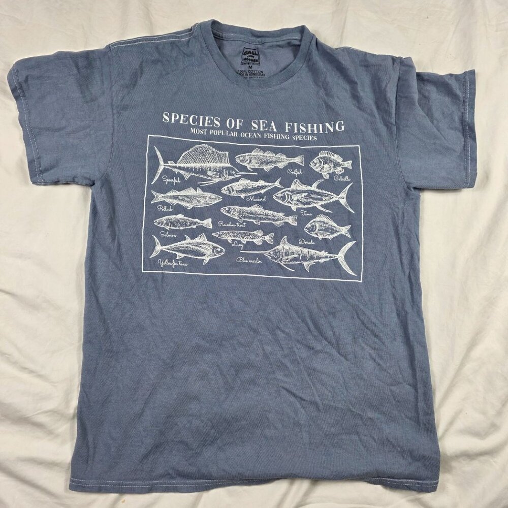 Call Your Mother Sea Fishing Species Mens Medium Blue Graphic Shirt 100% Cotton